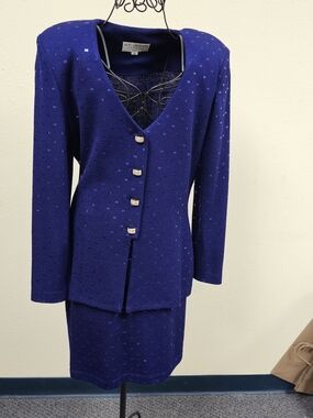 St. John Cobalt Blue Knit Blazer with Skirtn Decorative Buttons